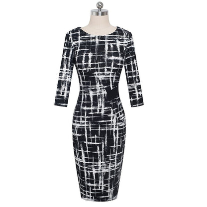 Autumn Elegant Printed Patchwork Dresses Business Bodycon Fitted Women Office Dress-3