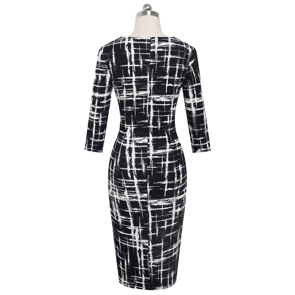 Autumn Elegant Printed Patchwork Dresses Business Bodycon Fitted Women Office Dress-4