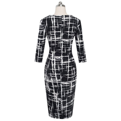 Autumn Elegant Printed Patchwork Dresses Business Bodycon Fitted Women Office Dress-4
