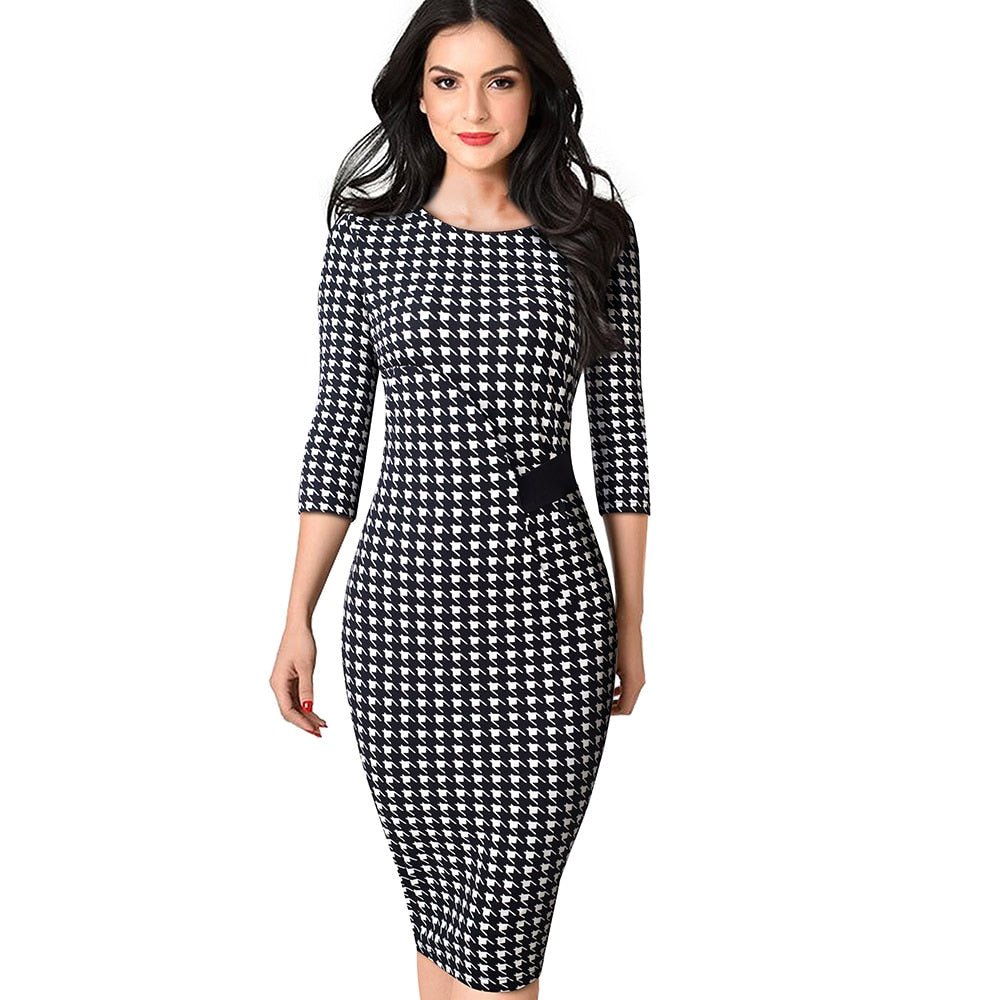 Autumn Elegant Printed Patchwork Dresses Business Bodycon Fitted Women Office Dress-1
