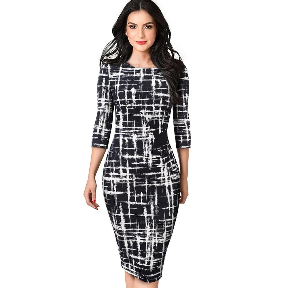 Autumn Elegant Printed Patchwork Dresses Business Bodycon Fitted Women Office Dress-0