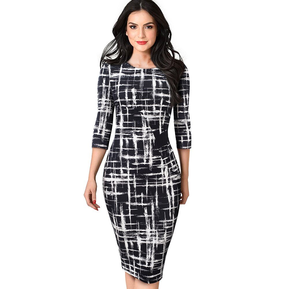 Autumn Elegant Printed Patchwork Dresses Business Bodycon Fitted Women Office Dress-2