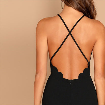 Black Scallop Trim Halter Dress Elegant Spaghetti Strap Solid Slim Short Dress Summer Modern Lady Women Sexy Party Dresses-4