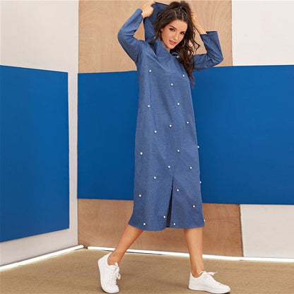 Blue Abaya Pearls Beaded Split Hem Denim Hoodie Dress Women Autumn Long Sleeve Solid Loose Casual Long Dresses-2