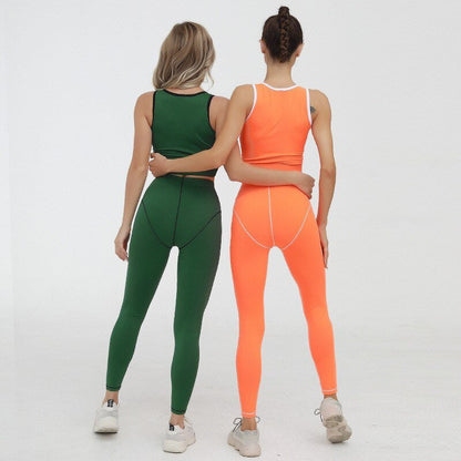 Color Patchwork Women 2 PCS Yoga Set Zipper Sleeveless Vest Top Fitness Leggings GYM Workout Pants Running Suit Sportswear-1