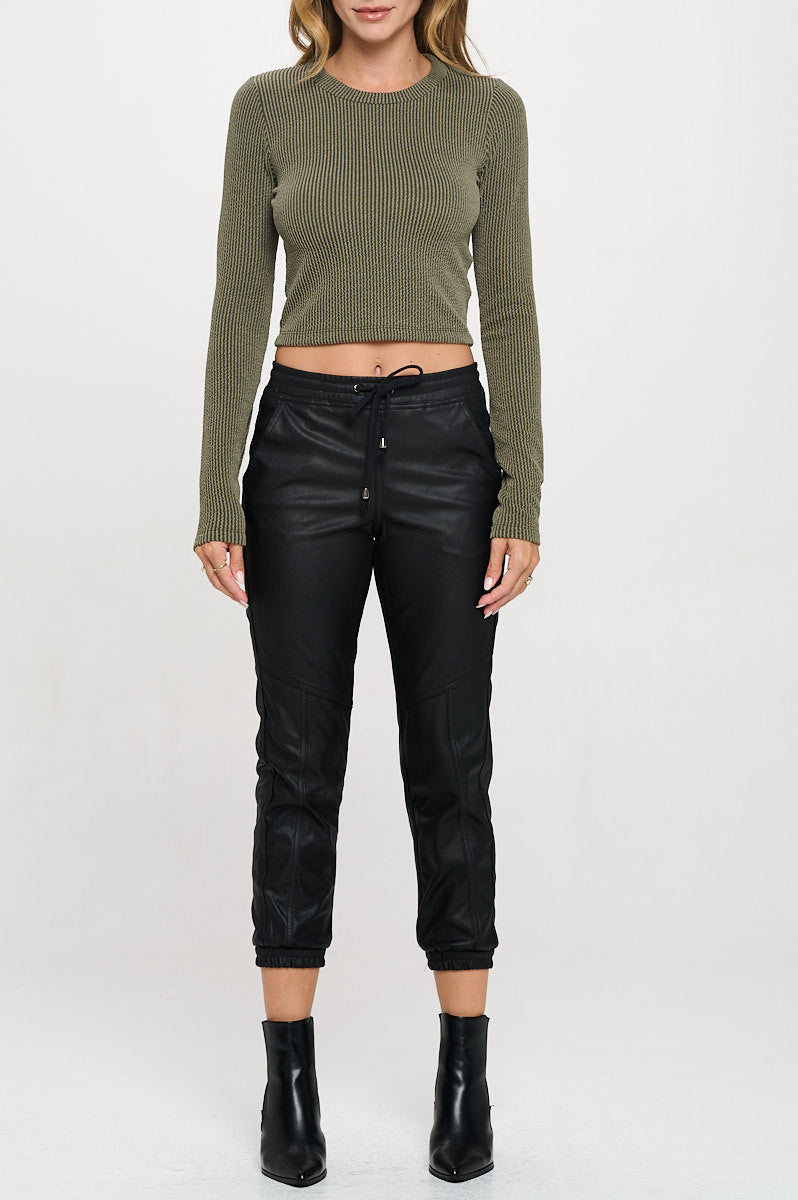 Ribbed Round neck Long Sleeve Crop Top-1