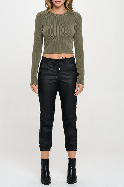 Ribbed Round neck Long Sleeve Crop Top-1