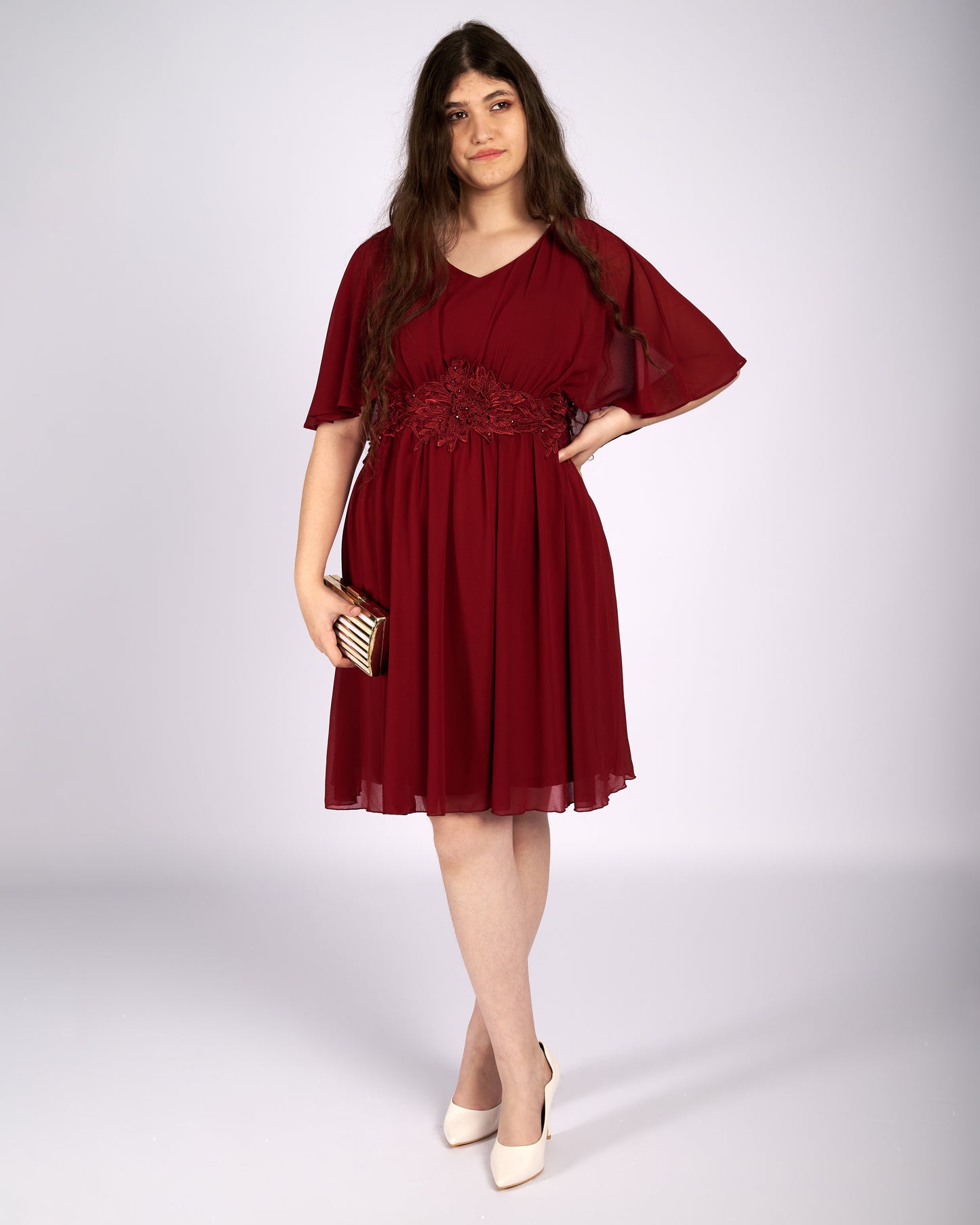 Dorothy Burgundy Mouseline Dress with Cape "evening dresses"-0