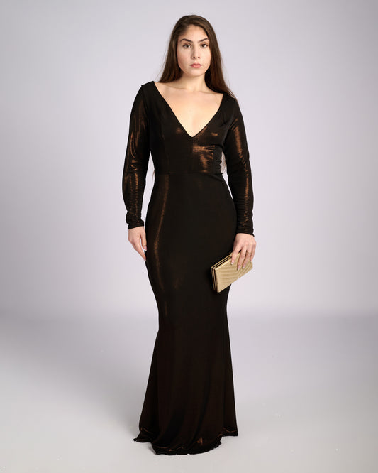Leonora Bronze Hue V- neck Mermaid Dress evening dresses-0