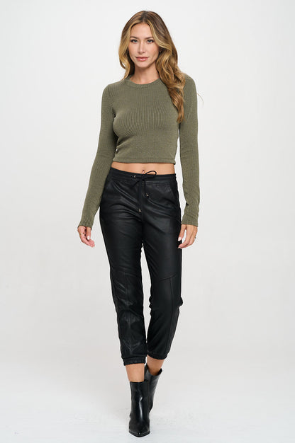 Ribbed Round neck Long Sleeve Crop Top-4