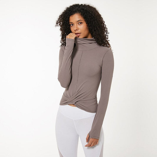 High Collar Yoga Crop Tops with Thumb Hole Sports Athletic Long Sleeve Shirts Women Twist Fitness Gym Tops High Quality-0