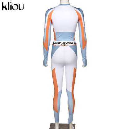 Women Long Sleeve CropTop Slim Outfit Tracksuit Two Pieces Set letter Print High elastic Skinny Leggings Female Sportswear-3