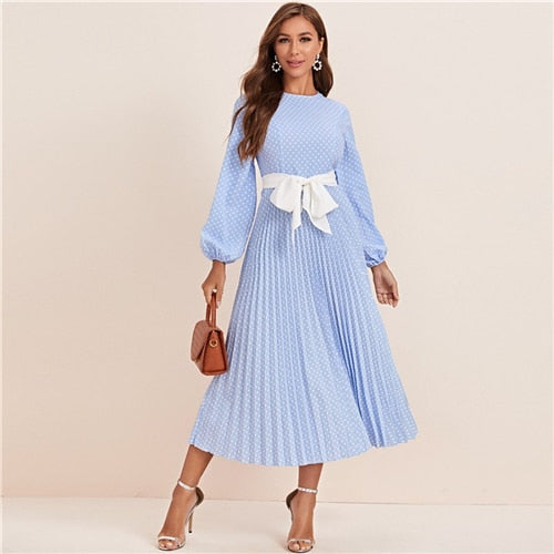 Abaya Blue Lantern Sleeve Polka Dot Pleated Dress With Belt Women Spring A Line Elegant High Waist Long Dresses-6