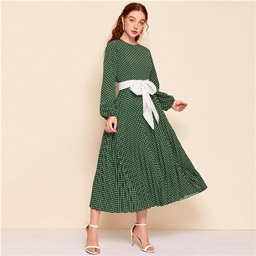 Abaya Blue Lantern Sleeve Polka Dot Pleated Dress With Belt Women Spring A Line Elegant High Waist Long Dresses-7