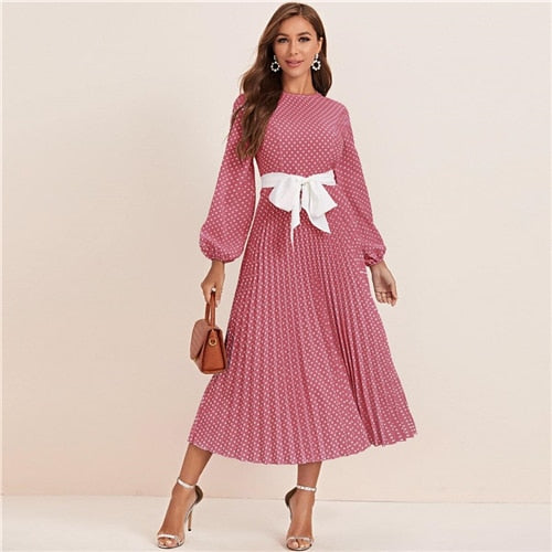 Abaya Blue Lantern Sleeve Polka Dot Pleated Dress With Belt Women Spring A Line Elegant High Waist Long Dresses-1