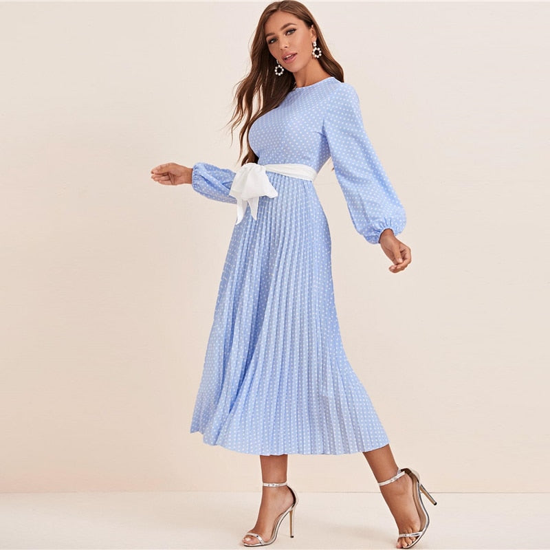 Abaya Blue Lantern Sleeve Polka Dot Pleated Dress With Belt Women Spring A Line Elegant High Waist Long Dresses-0