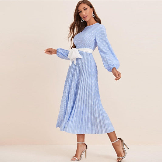 Abaya Blue Lantern Sleeve Polka Dot Pleated Dress With Belt Women Spring A Line Elegant High Waist Long Dresses-0