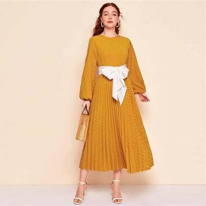 Abaya Blue Lantern Sleeve Polka Dot Pleated Dress With Belt Women Spring A Line Elegant High Waist Long Dresses-4