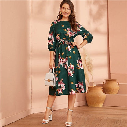 Green Abaya Elastic Waist Belted Floral High Waist Dress Women Spring Autumn Bishop Sleeve Flared Elegant Long Dresses-4