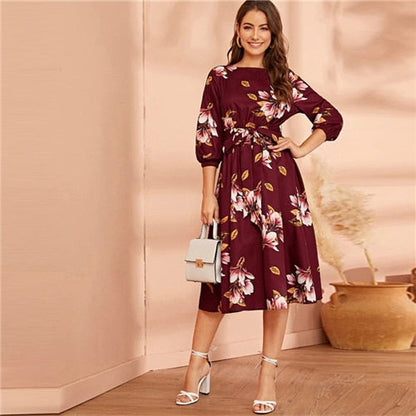 Green Abaya Elastic Waist Belted Floral High Waist Dress Women Spring Autumn Bishop Sleeve Flared Elegant Long Dresses-5