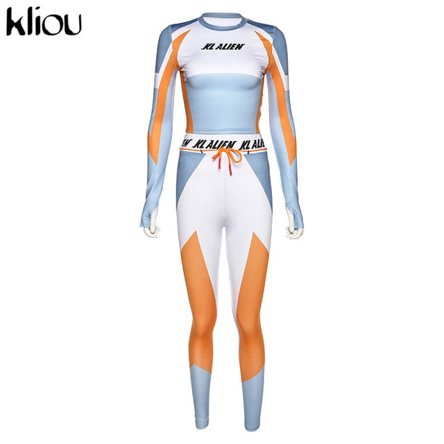 Women Long Sleeve CropTop Slim Outfit Tracksuit Two Pieces Set letter Print High elastic Skinny Leggings Female Sportswear-5