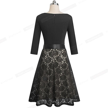 Retro Vintage Lace Patchwork with Sash Dresses Cocktail Party Flared Women Dress-3