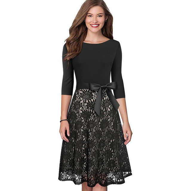 Retro Vintage Lace Patchwork with Sash Dresses Cocktail Party Flared Women Dress-1