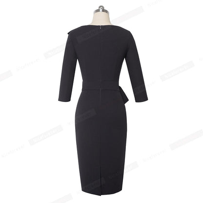 Pure Color with Bow Peplum Dresses Formal Business Bodycon Autumn Women Dress-2