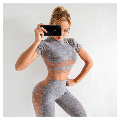 Autumn Yoga set Women Gym Clothes Seamless Fitness Sportswear Tracksuit Short Sleeve Top Leggings Pants Workout Clothing Outfits-4