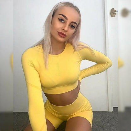 Women Yoga Suit Two Piece Set Tracksuit Long Sleeve Yogas Shirt Crop Top Sport Shorts Gym Fitness Workout Sportswear-6