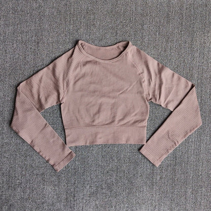 Women's Sportswear Yoga Sets Ribbed Seamless Long Sleeve Workout Clothes for Women High Waist Sports Legging Long Sleeve Top-12