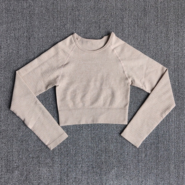 Women's Sportswear Yoga Sets Ribbed Seamless Long Sleeve Workout Clothes for Women High Waist Sports Legging Long Sleeve Top-15