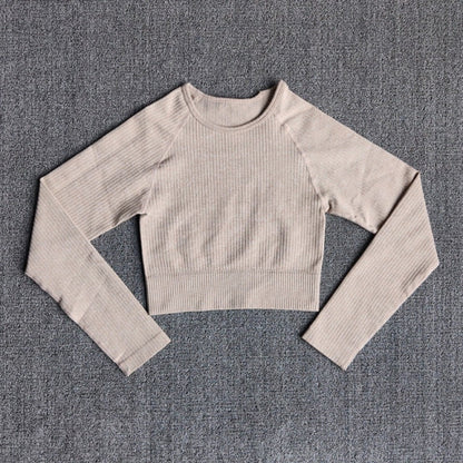 Women's Sportswear Yoga Sets Ribbed Seamless Long Sleeve Workout Clothes for Women High Waist Sports Legging Long Sleeve Top-15