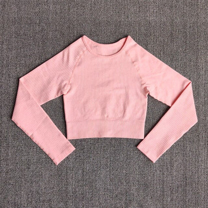 Women's Sportswear Yoga Sets Ribbed Seamless Long Sleeve Workout Clothes for Women High Waist Sports Legging Long Sleeve Top-14