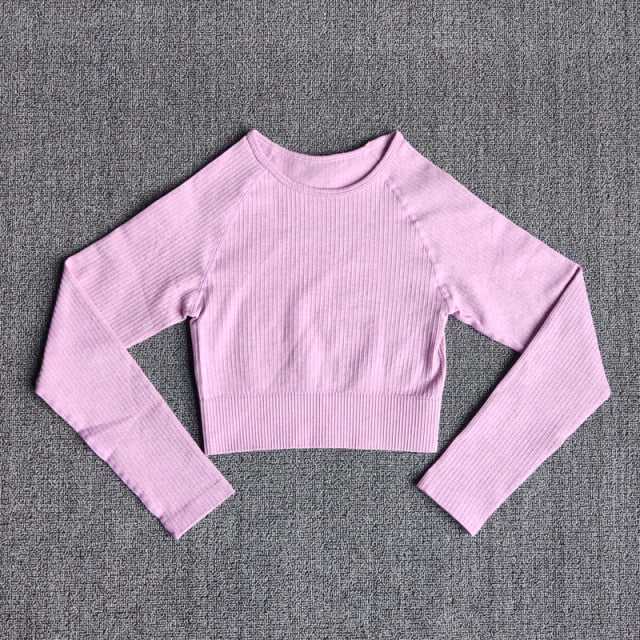 Women's Sportswear Yoga Sets Ribbed Seamless Long Sleeve Workout Clothes for Women High Waist Sports Legging Long Sleeve Top-6