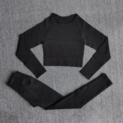 Women's Sportswear Yoga Sets Ribbed Seamless Long Sleeve Workout Clothes for Women High Waist Sports Legging Long Sleeve Top-25