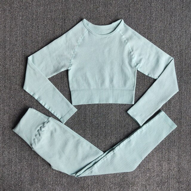 Women's Sportswear Yoga Sets Ribbed Seamless Long Sleeve Workout Clothes for Women High Waist Sports Legging Long Sleeve Top-18