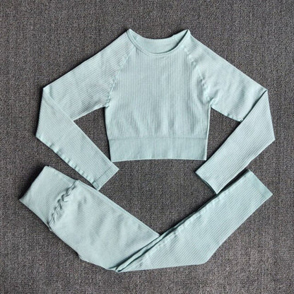 Women's Sportswear Yoga Sets Ribbed Seamless Long Sleeve Workout Clothes for Women High Waist Sports Legging Long Sleeve Top-18