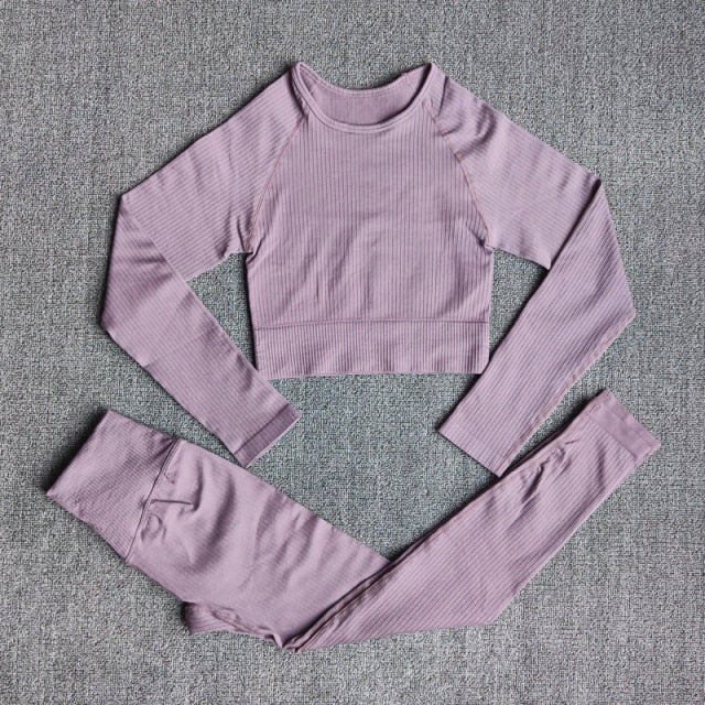 Women's Sportswear Yoga Sets Ribbed Seamless Long Sleeve Workout Clothes for Women High Waist Sports Legging Long Sleeve Top-16
