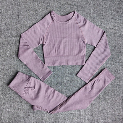 Women's Sportswear Yoga Sets Ribbed Seamless Long Sleeve Workout Clothes for Women High Waist Sports Legging Long Sleeve Top-16