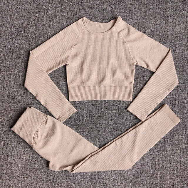 Women's Sportswear Yoga Sets Ribbed Seamless Long Sleeve Workout Clothes for Women High Waist Sports Legging Long Sleeve Top-21