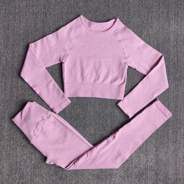 Women's Sportswear Yoga Sets Ribbed Seamless Long Sleeve Workout Clothes for Women High Waist Sports Legging Long Sleeve Top-27