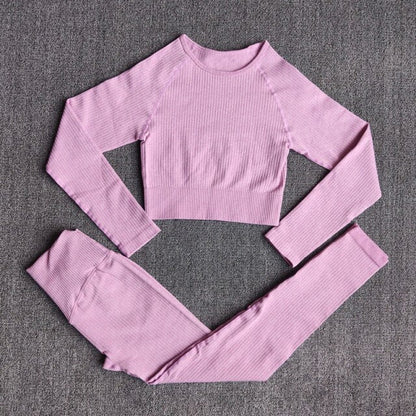 Women's Sportswear Yoga Sets Ribbed Seamless Long Sleeve Workout Clothes for Women High Waist Sports Legging Long Sleeve Top-27