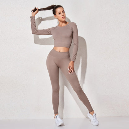 Women's Sportswear Yoga Sets Ribbed Seamless Long Sleeve Workout Clothes for Women High Waist Sports Legging Long Sleeve Top-0