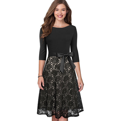 Retro Vintage Lace Patchwork with Sash Dresses Cocktail Party Flared Women Dress-0