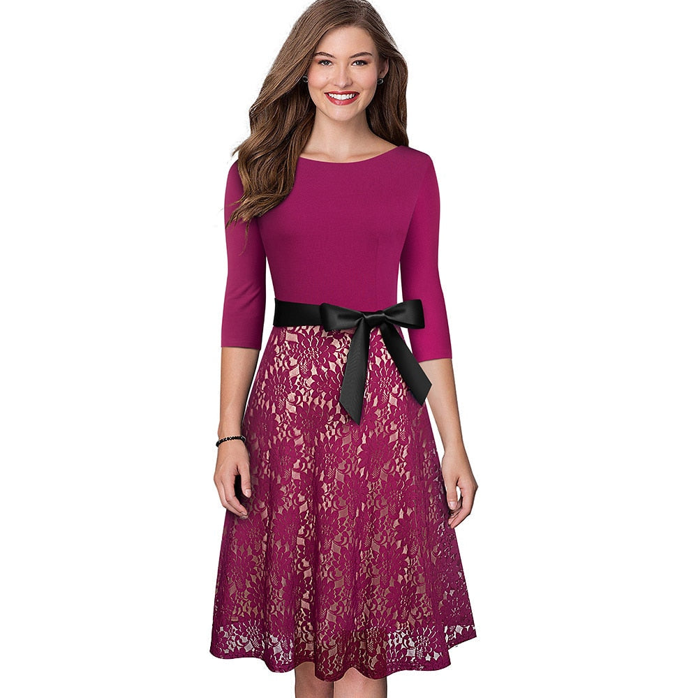 Retro Vintage Lace Patchwork with Sash Dresses Cocktail Party Flared Women Dress-5