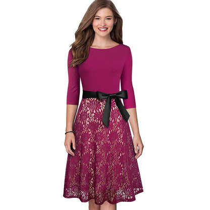 Retro Vintage Lace Patchwork with Sash Dresses Cocktail Party Flared Women Dress-5