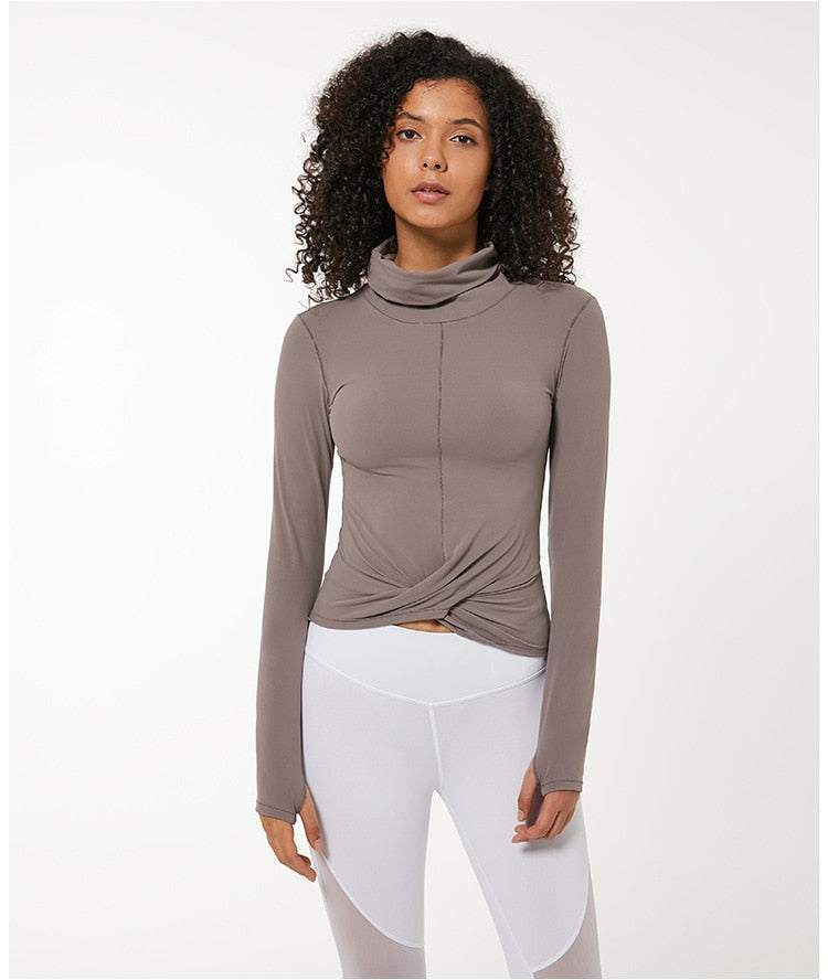 High Collar Yoga Crop Tops with Thumb Hole Sports Athletic Long Sleeve Shirts Women Twist Fitness Gym Tops High Quality-2