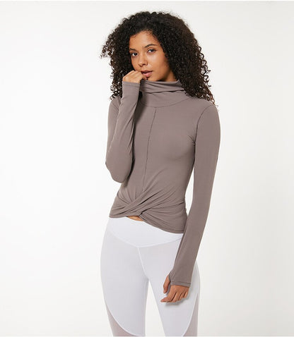 High Collar Yoga Crop Tops with Thumb Hole Sports Athletic Long Sleeve Shirts Women Twist Fitness Gym Tops High Quality-3
