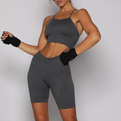 Sportswear Seamless Solid Yoga Suit Women Gym Clothes Cami Crop Top High Waist Shorts Tracksuit Fitness Workout Outdoor Set-0